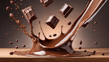 Food concept. Jets of melted chocolate falling at white table on pastel grey background with light....