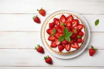 Top view of a tasty strawberry tart on a white wood background