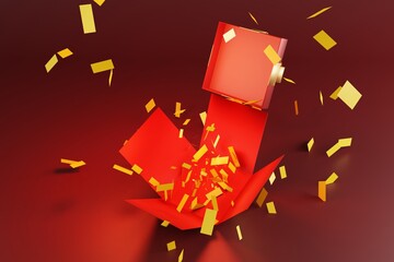 Red gift box with gold ribbons bow open with confetti on red background, for valentine day, festival or celebration, 3D rendering.