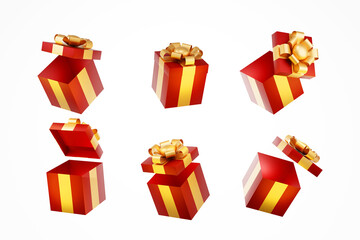 Red gift box with gold ribbons on white background, for valentine day, festival or celebration, 3D rendering.