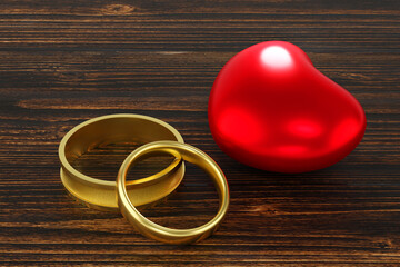 Pair of gold ring with red heart on wood, for valentine day, wedding celebration. 3D rendering.
