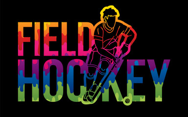 Field Hockey Font Design with Male Player Action Cartoon Graphic Vector