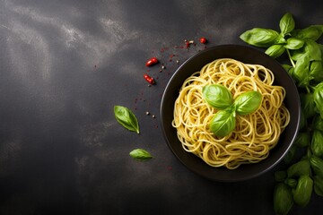 Top view of pasta spaghetti with pesto sauce fresh basil leaves in a black bowl on a grey background