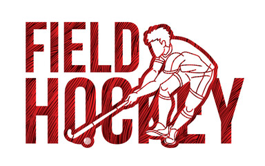 Field Hockey Font Design with Male Player Action Cartoon Graphic Vector