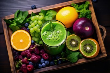 Top view of wooden tray with green and purple drinks consisting of fruits vegetables and greens selective focus Illustrating detox diet clean eating veg