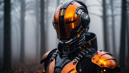 AI generated illustration of a Faceless Cyborg in black and orange armor .