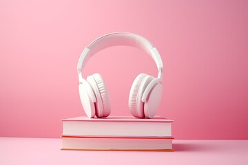 White headphones on a stack of pink books signify audiobooks