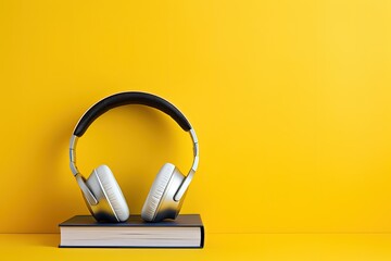 Yellow background with headphones and books