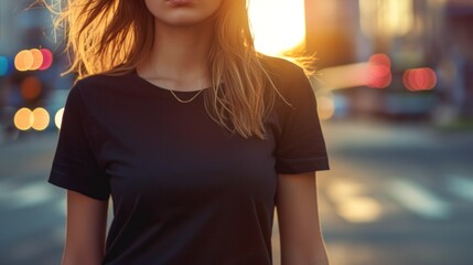 Woman model shirt mockup. Girl wearing white t-shirt on street in daylight. T-shirt mockup template on hipster adult for design print. Female guy wearing casual t-shirt mockup placement.