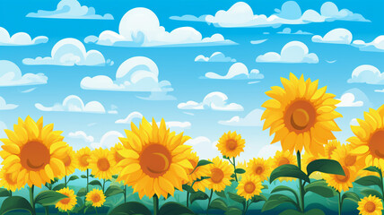 Fototapeta na wymiar Flat Illustration Summer Sunflower Field A cheerful sky