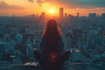 Fototapeta premium independent woman She was alone and sitting on the rooftop.