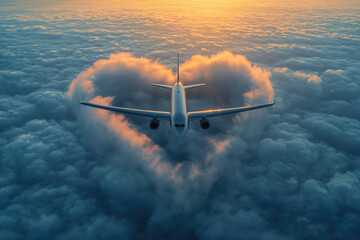 The plane flies above the clouds. heart shaped On Valentine's Day