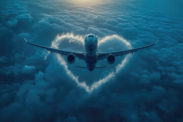 The plane flies above the clouds. heart shaped On Valentine's Day - obrazy, fototapety, plakaty