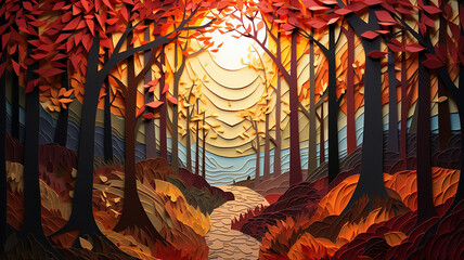 Papercut Style Autumn Forest Trail A papercut style art