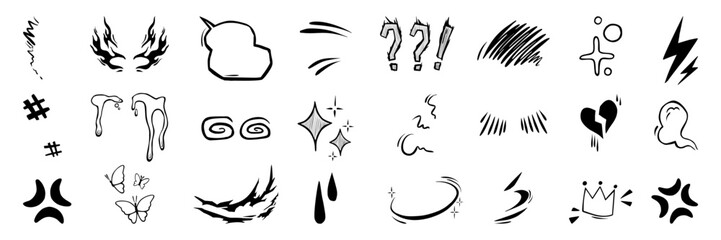 Anime manga ink drawing emotion effect element. Expression sign, speech bubble, crown, heart and butterfly shape. Character emotion vector set.