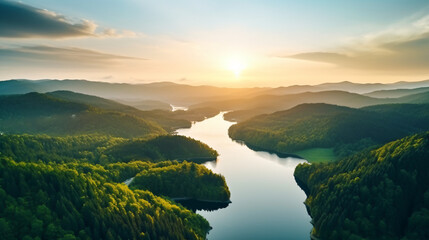 Beautiful landscape of green mountains and lake