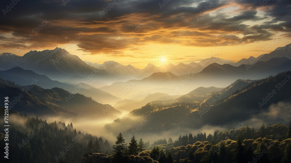 Canvas Prints Photo Realistic Misty Mountain Morning