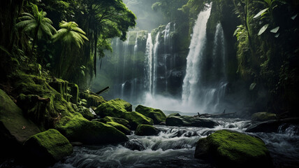 Photo Realistic Majestic Waterfall in a Rainforest jungle