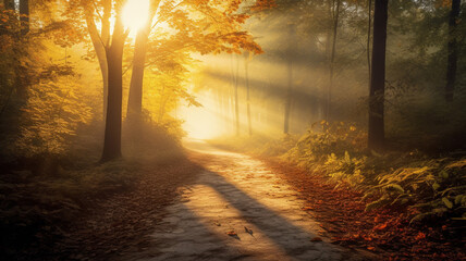 Photo Realistic Misty Forest Path at Sunrise sunlight