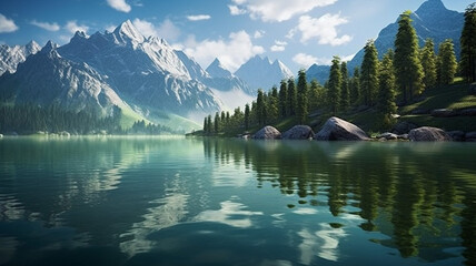 Photo Realistic Pristine Alpine Lake - obrazy, fototapety, plakaty