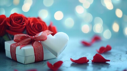 A close up to a white heart shaped present box with red bow and blurred red roses in the light blue background