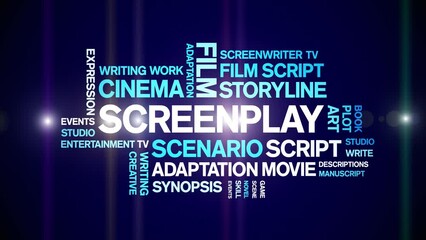 Screenplay animated tag word cloud;text design animation kinetic typography seamless loop.
