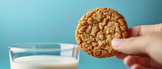 Close-Up of a Hand Holding a Cookie, Glass of Milk. Set Against a Vibrant Blue Background, Bright Lighting Enhances the Anticipation of the Dunking Moment. - obrazy, fototapety, plakaty