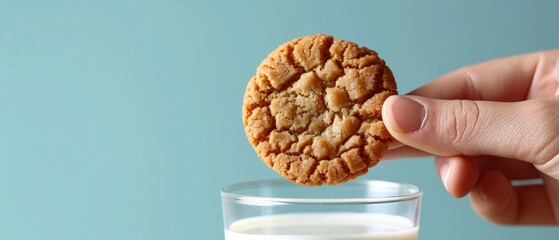 Close-Up of a Hand Holding a Cookie, Glass of Milk. Set Against a Vibrant Blue Background, Bright Lighting Enhances the Anticipation of the Dunking Moment. - obrazy, fototapety, plakaty
