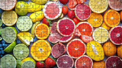 A lifelike image of a jigsaw puzzle featuring slices of various fruits