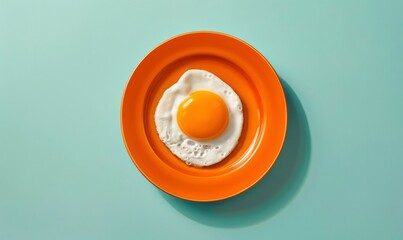 a fried egg on a  orange ceramic plate on a plain light blue background