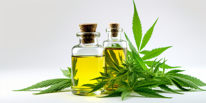 hemp oil and hemp leaves. body care and medicine, glass jars with hemp oil