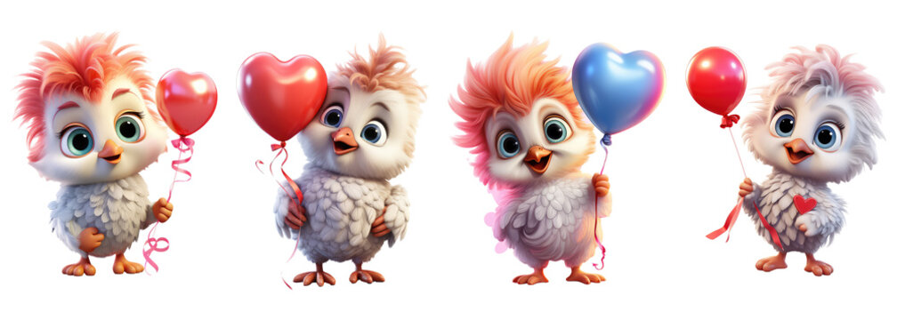 cute chicken,Holding a colorful heart shaped balloon in hand