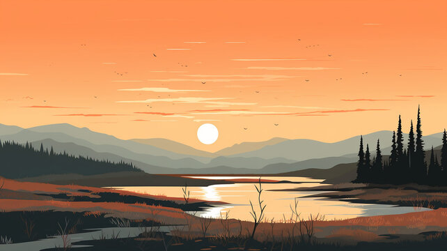 Vector Illustration Northern Tundra Under Midnight view