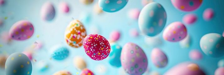 Fototapeta na wymiar Close-Up Photo Capturing the Playful Motion of Flying Easter Eggs. Infusing Joyful Energy into the Festive Pattern.