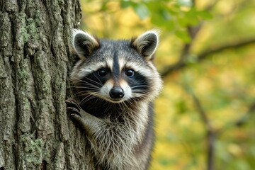 A curious raccoon peeking from behind a tree, in a forest setting