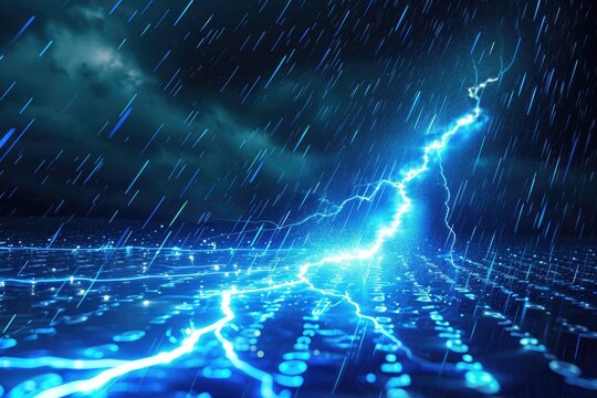 A conceptual image of a lightning bolt merging with digital binary code