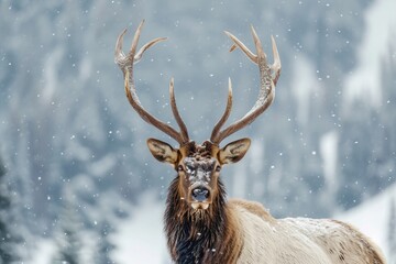A majestic elk with impressive antlers, in a snowy mountain landscape.