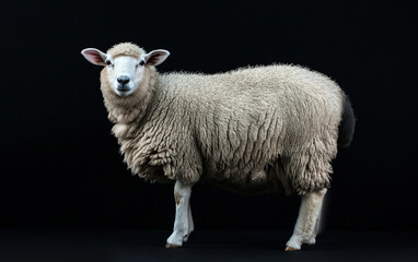 Sheep side view isolated on black background. Generative AI