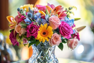 A vibrant bouquet of mixed flowers in a crystal vase.