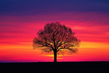 A striking silhouette of a lone tree against a vibrant sunset, creating a contrast between darkness and vivid colors