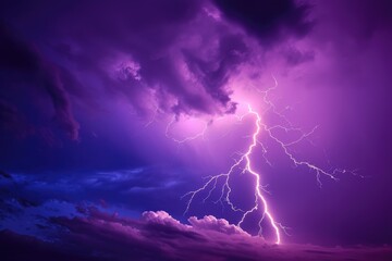 A vibrant, detailed shot of a lightning bolt against a purple twilight sky