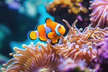 Obraz na płótnie Canvas Bright clownfish darting among colorful sea anemones in a coral garden