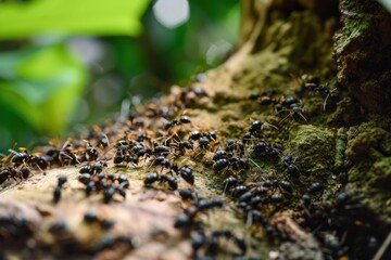 Busy colony of ants working together in a forest underbrush - obrazy, fototapety, plakaty