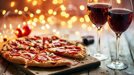 Pizza and wine on bokeh background. Home cooked Valentines Day dinner.