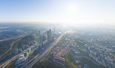 Istanbul, Turkey. Panorama of the city in the morning. Skyscrapers and residential areas. Highways. Aerial view