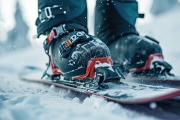 Close-up of a snowboarder's boots and bindings on a snowboard, emphasizing the connection and control - obrazy, fototapety, plakaty