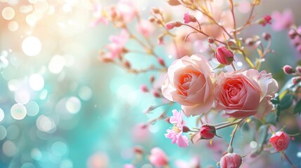 A Photo Capturing Cute Roses and Spring Flowers in a Playful Flight, Against a Pastel Bokeh Background, Conjuring a Symphony of Springtime Delight