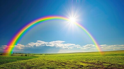 Naklejka premium rainbow with sunshine over the field