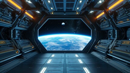 Spaceship futuristic interior with view on planet Earth.