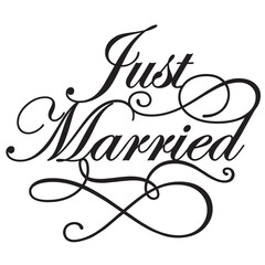 Just married sign design text swirl font card wedding elegant 